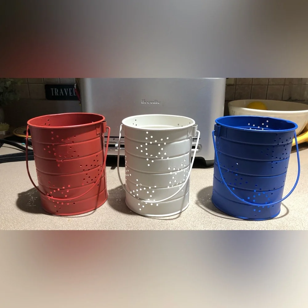 Red, White, & Blue Tea-Light Candle Metal Lanterns with Handle